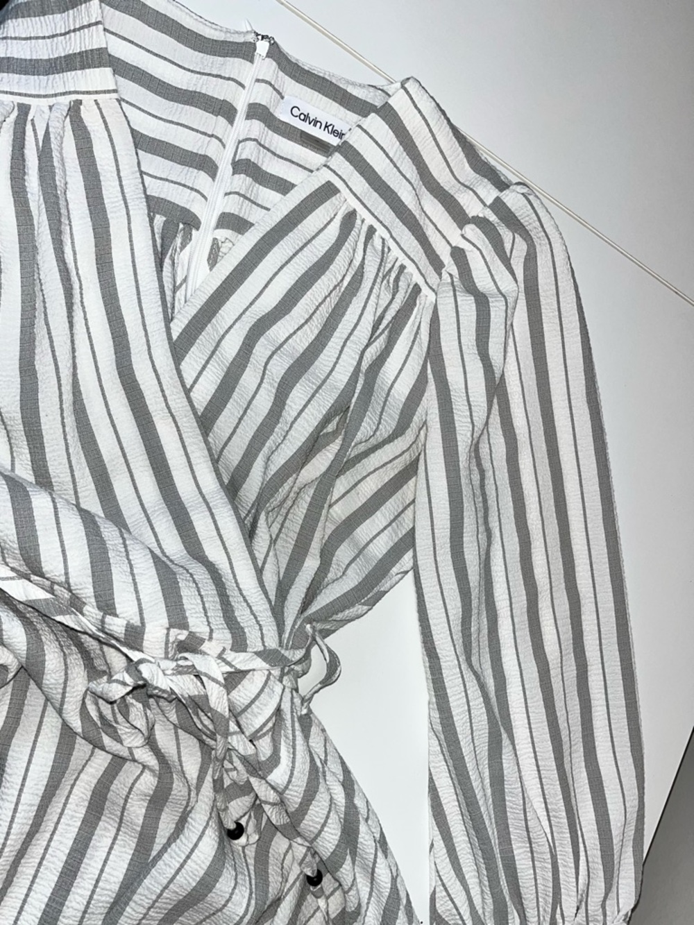 Calvin Klein White and Gray Striped Waist String Wrap Dress